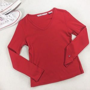 Tommy Hilfiger Long Sleeve Red V-Neck Tee w/Logo